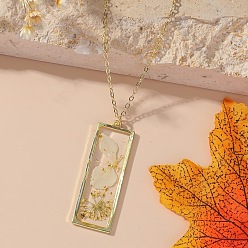 Бежевый Прямоугольник с внутренним цветком из смолы подвеска железный трос цепочка ожерелье для женщин, золотые, бежевые, 17.72 дюйм (45 см)