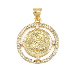 Настоящее золото 18K Латунные микро проложить кубического циркония подвески, без кадмия и без свинца, религия, плоско-круглые, реальный 18 k позолоченный, 23x20x2.5 мм, отверстие : 4.5x3.5 мм