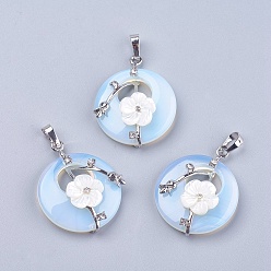 Opalite Opalite Pendants, with Shell, Rhinestone and Platinum Tone Brass Findings, Flat Round with Flower, 35.5~36x28x8mm, Hole: 5x8mm