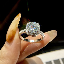 Платина Кольца для женщин с родиевым покрытием 925 из стерлингового серебра с паве 8.2x4.9мм муассанитом, квадратный, платина, внутренний диаметр: 16.6 мм