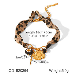 Flower 304 Stainless Steel & Resin Charm Leopard Print Scarf Bracelets, Golden, Flower, 7.09 inch(18cm)