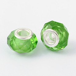 Green Handmade Glass European Beads, Large Hole Beads, Silver Color Brass Core, Green, 14x8mm, Hole: 5mm