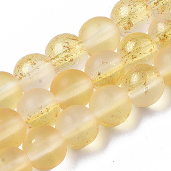 Gold Frosted Spray Painted Glass Beads Strands, with Golden Foil, Round, Gold, 8~9mm, Hole: 1.2~1.5mm, about 46~56pcs/Strand, 14.37 inch~16.3 inch(36.5~41.4cm)