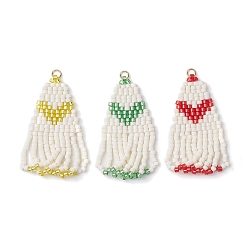 Mixed Color Glass Seed Bead Tassel Pendants, Heart Pattern, Mixed Color, 45x28x4.5mm