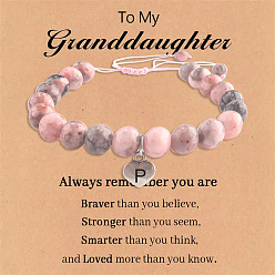 Letter P Браслеты из натуральной розовой зебровой яшмы с круглыми бусинами и эластичными бусинами, браслеты с подвесками в виде сердца и буквы для женщин, платина, Письмо P, 7-1/8 дюйм (18 см)