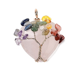 Розовый Кварц Подвески в форме сердца из натурального розового кварца, чакра дерево жизни драгоценные камни чип медная проволока обернутые амулеты, золотые, 39x30~35x13 мм, отверстие : 5x4 мм