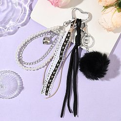 Черный Подвеска из искусственного кроличьего волоса, полиэстерового шнура, пластиковой жемчужной бусины и железной цепочки, платина, чёрные, 275~280 мм