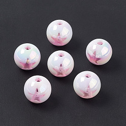 Pink УФ-покрытие радужными переливающимися акриловыми бусинами, круглые с рисунком звезд, розовые, 15 мм, отверстие : 3.7 мм