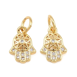 Clear Brass Micro Pave Cubic Zirconia Charms, Hamsa Hand with Star Charms, Rack Plating, Long-Lasting Plated, Cadmium Free & Lead Free, Real 18K Gold Plated, Clear, 11x8x2.5mm, Hole: 3.5mm