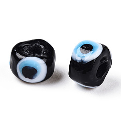 Black Handmad Lampwork Beads, Rondelle with Evil Eye , Black, 7x5mm, Hole: 1.6mm