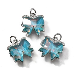 Платина Латунные микро проложить кубического циркония прелести, бантом, со стеклом и петлей, долгоиграющий, без свинца и без кадмия, граненые, Небесно-голубой, платина, 14x13x5 мм, отверстие : 3 мм