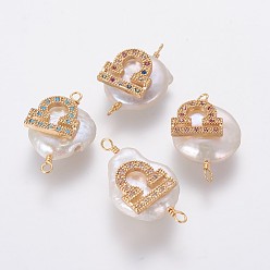 Libra Natural Pearl Links connectors, with Brass Micro Pave Cubic Zirconia Findings, Flat Round with Constellation, Golden, Mixed Color, Libra, 20~26x9~17x5~11mm, Hole: 1.6mm