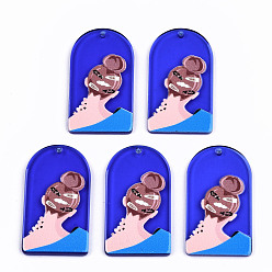 Blue Transparent Acrylic Pendants, 3D Printed, Half Oval with Woman Pattern, Blue, 43x24.5x3.5mm, Hole: 1.8mm