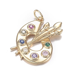 Настоящее золото 18K Латунные микро красочные подвески из фианита, долговечный, форма палитры, реальный 18 k позолоченный, 21.5x22.5x2.5 мм, отверстие : 3.7 мм