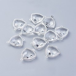 Прозрачный Соединители стеклянные ссылки, с фурнитурой Berzel с открытой спиной из экологически чистого сплава, граненые, треугольные, серебряный цвет гальваническим, прозрачные, 24x19x7 мм, отверстие : 1.5 мм