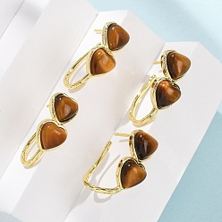 Тигровый глаз Серьги-гвоздики в форме сердца из натурального тигрового глаза ко Дню святого Валентина, с латунными застежками для сережек с гальваническим покрытием, золотые, 26x10 мм