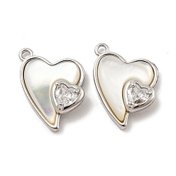 Real Platinum Plated Natural Freshwater Shell Pendants, Brass Pave Clear Glass Heart Charms, Real Platinum Plated, 16.5x12x5mm, Hole: 1.2mm