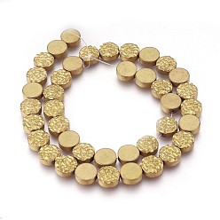 Golden Plated Electroplated Non-magnetic Synthetic Hematite Beads Strands, Beads Strands, Frosted, Flat Round, Golden Plated, 10x4mm, Hole: 1mm, about 40pcs/strand, 15.94 inch(40.5cm)