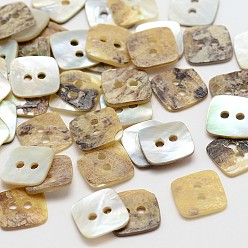 Tan 2-Hole Square Mother of Pearl Buttons, Tan, 9.5x9.5x1mm, Hole: 1.5mm, about 720pcs/bag