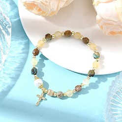 Cross Brass Micro Pave Clear Cubic Zirconia Charm Natural Golden Silk Jade Round and Faceted Cube African Turquoise(Jasper) Beaded Stretch Bracelets for Women, Golden, Cross, Inner Diameter: 2.28 inch(5.8cm), Cross: 16x9.5mm