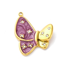 Серо-розавый 304 нержавеющей стальной эмали подвески, со стразами, очарование бабочки, вакуумное покрытие pvd, реальный 18 k позолоченный, увядшая роза, 23.5x19.5x4.5 мм, отверстие : 1.5 мм