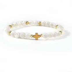 Золотой Женские браслеты из латуни и ракушек с круглыми бусинами, крестик, золотые, внутренний диаметр: 6-7/8 дюйм (17.5 см)