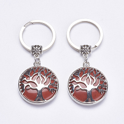 Red Jasper Natural Red Jasper Keychain, with Brass Finding, Flat Round with Tree of Life, 64mm