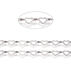 Platinum Brass Handmade Link Chains, with Spool, for Craft Jewelry Making, Long-Lasting Plated, Unwelded, Heart, Platinum, 10.5x5x0.5mm, about 32.8 Feet(10m)/roll