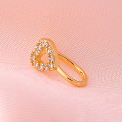 Сердце Латунные микро-паве прозрачные кубические цирконии клипсы на носовые кольца, золотые, сердце, 12 мм, штифты : 0.6 мм