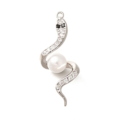 Платина Латунные микро проложить кубического циркония подвески, без кадмия, без никеля и без свинца, с абс пластмассовой имитационной жемчужиной, змеиные чары, платина, 28x12x7.5 мм, отверстие : 1.2 мм