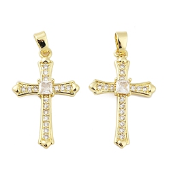 Настоящее золото 18K Латунные микропаве прозрачные подвески с фианитом, крест прелести, без кадмия и без свинца, реальный 18 k позолоченный, 31x20x3 мм, отверстие : 5x3 мм