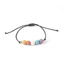Colorful Bohemian Adjustable Handmade Dyed Natuarl Lava Rock Braided Bead Bracelets for Women, Platinum, Colorful, 6.69 inch(17cm)~11.02 inch(28cm)