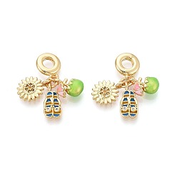 Разноцветный Европейские подвески-шармы с микропаве из цветных кубических цирконий и эмали из латуни, леденец, самолетик и цветок, Подвески с большими отверстиями, реальный 18 k позолоченный, красочный, 28 мм, отверстие : 4.8 мм