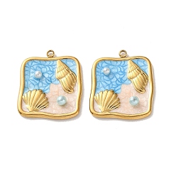 Золотой 304 прелести нержавеющей стали, квадрат в форме ракушки, с эмалью и АБС-пластиком, имитация жемчуга, ионное покрытие (ip), золотые, 26x22x5 мм, отверстие : 1.8 мм