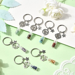 Платина 7шт. брелки из сплава в тибетском стиле, бутылка, со стеклом и натуральной аметистовой крошкой и синтетической бирюзовой крошкой, платина, 78 мм