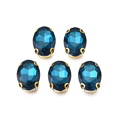 Marine Blue Sew on Rhinestone, Transparent Glass Rhinestones, with Iron Prong Settings, Faceted, Oval, Marine Blue, 14x10x6mm, Hole: 1mm