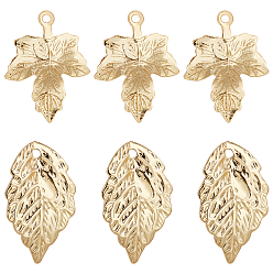 Golden 32Pcs 2 Style Brass Pendants, Leaf, Real 18K Gold Plated, 16pcs/style