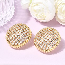 Настоящее золото 18K Плоские круглые серьги-гвоздики из латуни с микропаве и прозрачным фианитом, долговечный, стойки покрытие, без свинца и без кадмия, реальный 18 k позолоченный, 30x29.5 мм