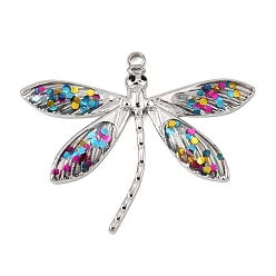 Platinum 304 Stainless Steel Enamel Pendants, with Sequins, Dragonfly Charms, Platinum, 29x35x2mm, Hole: 1.6mm