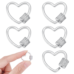 Платина Латунь микропаве прозрачный кубический цирконий винт карабин брелоки, для изготовления ожерелий, быстрые ссылки, сердце, платина, 17.5x20x6 мм