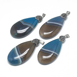 Deep Sky Blue Natural Agate Pendants, with Rhinestone and Brass Findings, Dyed, teardrop, Platinum, Jet, Deep Sky Blue, 61~66x29.5~32x9~11mm, Hole: 8x4mm