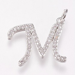 Letter M Brass Micro Pave Cubic Zirconia Letter Pendants, Platinum, Letter.M, 18.5x15x2mm, Hole: 3mm