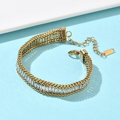 Прозрачный 304 Двухслойный браслет из нержавеющей стали и стекла в виде пшеничной цепочки для женщин, прямоугольные, реальный 18 k позолоченный, ионное покрытие (ip), долговечный, прозрачные, 6.77 дюйм (17.2 см)