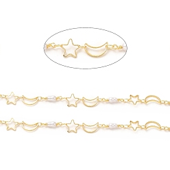 Настоящее золото 18K Латунные цепи со звездой и луной, с имитацией жемчуга из абс-пластика с бусинами, пайки, с катушкой, реальный 18 k позолоченный, 13.5x3 мм, 8x8x0.5 мм, 10x6x0.5 мм