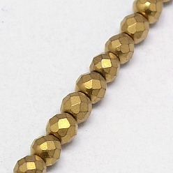 Golden Plated Electroplate Non-magnetic Synthetic Hematite Beads Strands, Faceted, Frosted, Round, Grade A, Golden Plated, 4mm, Hole: 1mm, about 100pcs/strand, 16 inch