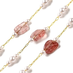Клубничный Кварц Цепочки из бусин ручной работы с натуральными самородками клубничного кварца, пайки, с бусинами из АБС-пластика и фурнитурой из латуни с покрытием из стойки, долговечный, без свинца и без кадмия, с катушкой, реальный 18 k позолоченный, 7~11x6~10x4~6 мм