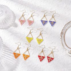 (52) Непрозрачная лаванда Серьги-подвески из ромбовидного бисера ручной работы, с 304 нержавеющей стали серьги крючки, ромб, золотые, разноцветные, 47x19 мм