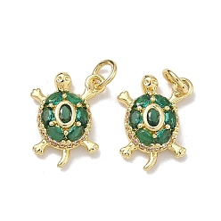 Зеленый Латунные микро проложить кубического циркония подвески, черепаховые чары, стойки покрытие, долговечный, без свинца и без кадмия, реальный 18 k позолоченный, зелёные, 15x13x4.5 мм, Перейти кольцо: 5x1 мм, внутренний диаметр: 3.3 мм