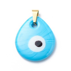 Deep Sky Blue Handmade Lampwork Pendants, with 201 Stainless Steel Findings, Teardrop with Evil Eye, Deep Sky Blue, 34.5x29.5x5.5mm, Hole: 4x4mm