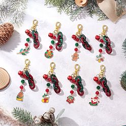 (52) Непрозрачная лаванда Подвесные украшения из сплава эмали и стекла на рождественскую тематику, с алюминиевыми подвесками-колокольчиками и поворотными карабинами из сплава, разноцветные, 95~99.5 мм, 8 шт / комплект